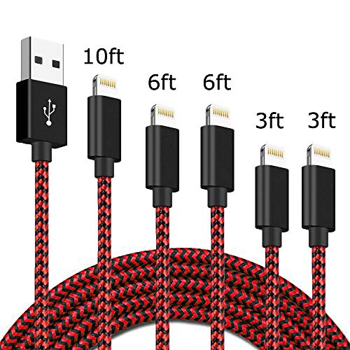 Product Cover IDiSON 5Pack(3ft 3ft 6ft 6ft 10ft) iPhone Lightning Cable Apple MFi Certified Braided Nylon Fast Charger Cable Compatible iPhone Max XS XR 8 Plus 7 Plus 6s 5s 5c Air iPad Mini iPod (red+Black)