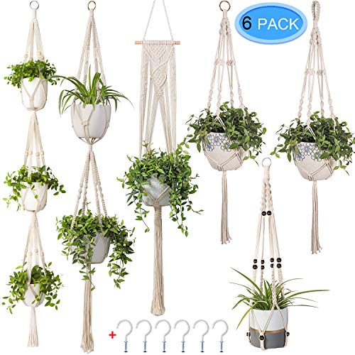 Product Cover 6 Pack Macrame Plant Hangers, MENOLY Hanging Planter Different Tiers, Handmade Cotton Rope, Hanging Plant Holder Stand with 6 PCS Hooks for Indoor Outdoor Boho Home Decor