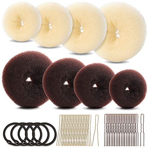 Product Cover Hair Bun Maker Set, FANDAMEI Donut Bun Maker Set With 4pcs Dark Brown &4pcs Beige(2 extra-large,2 large,2 medium and 2 small), 5 pieces Hair Elastic Bands, 40 pieces Hair Bobby Pins (Brown and Gold)