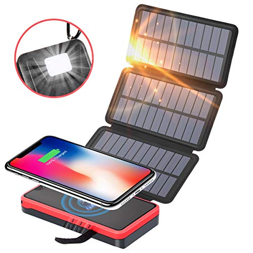 Product Cover SOXONO Solar Charger Qi Wireless Portable Power Bank 20000mah with 3 Solar Panels Flashlight Dual 5V/2.1A USB Ports Waterproof External Battery Pack Compatible with Smartphones, Tablets, etc