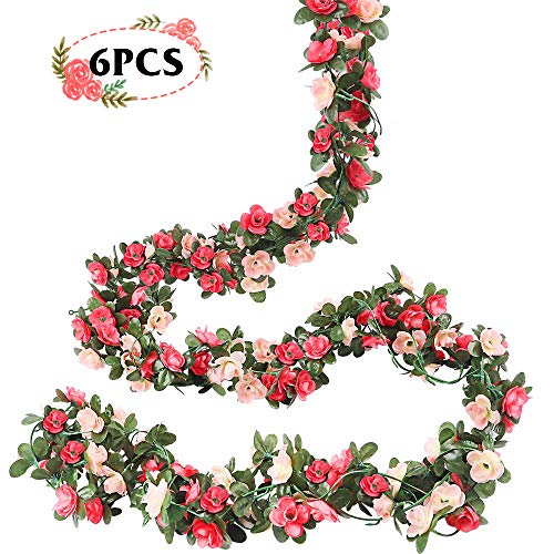 Product Cover CEWOR 6pcs 49 Feet Rose Vine Flowers Ivy Garlands, Artificial Silk Champagne Pink and Red Fake Rose Vine, Hanging for Hotel, Home, Wedding Party Garden Backdrop Arch Wall Decor