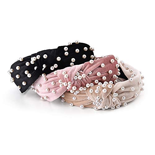 Product Cover 3 Pack Velvet Wide Headbands Knot Turban Headband Vintage Hairband with Faux Pearl Elastic Hair Hoops Fashion Hair Accessories for Women and Girls