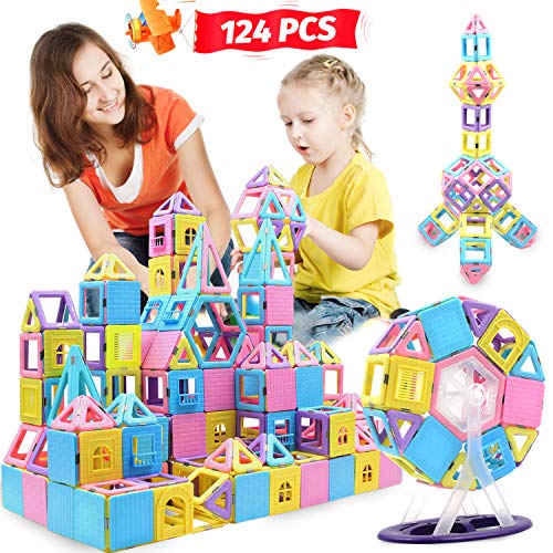 Product Cover HOMOFY 124PCS Magnetic Building Blocks Magnet Tiles Early Educational & Development Toys for 3 4 5 6 7 Years Old Boys Girls Gifts