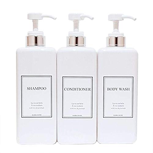Product Cover HARRA HOME Modern Gold Design Pump Bottle Set 27 oz Refillable Shampoo and Conditioner Dispenser Empty Shower Plastic Bottles with Pump for Bathroom Lotion Body wash, Pack of 3 (White & Silver)