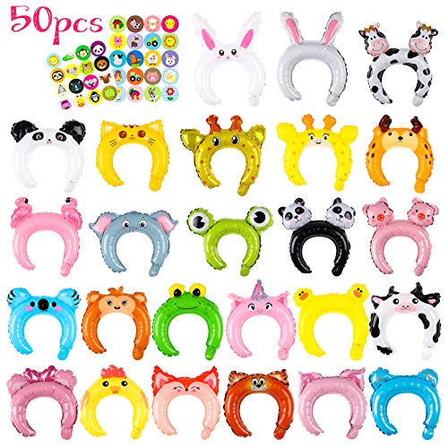 Product Cover MALLMALL6 50p Zoo Animal Inflatable Headbands Wildlife Balloon Hair Hoop Include Forest Safari Farm Animals Jungle Theme Birthday Party Supplies with Animal Stickers Party Favors Costumes for Kids