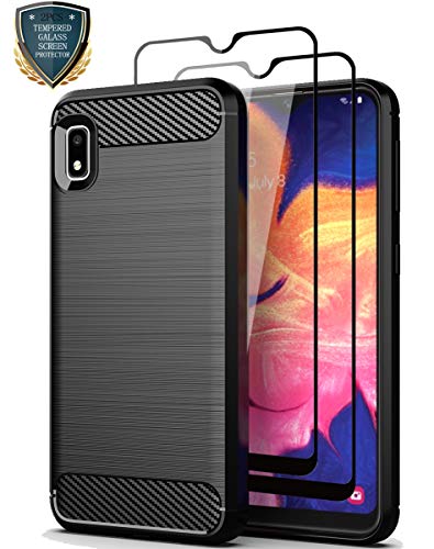 Product Cover Teayoha Samsung Galaxy A10E Case with Tempered Glass Screen Protector [2 Pack], Carbon Fiber Scratch Resistant, Shock Absorption Soft TPU Drawing Protective Cases Cover for Galaxy A10E - Black