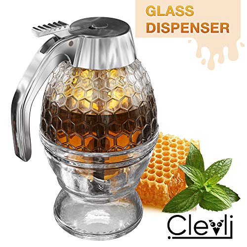 Product Cover Bottom Flow Honey Dispenser No Drip Glass. 8oz for Easy Pouring of Syrup, Sugar, Sauces, Condiments. Handy Stopper in Bottom, Quick Fill