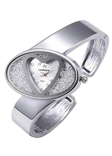 Product Cover Top Plaza Womens Ladies Fashion Silver Bangle Cuff Bracelet Watch Heart Shape Dial Elegant Analog Quartz Dress Watch