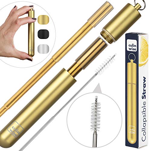 Product Cover Collapsible Metal Straw with Case - Plastic Free Packaging - Reusable Travel Straw is Foldable, Portable, Telescopic & Eco Friendly - Include Keychain, Stainless Steel Cleaning Brush, Silicone Tip