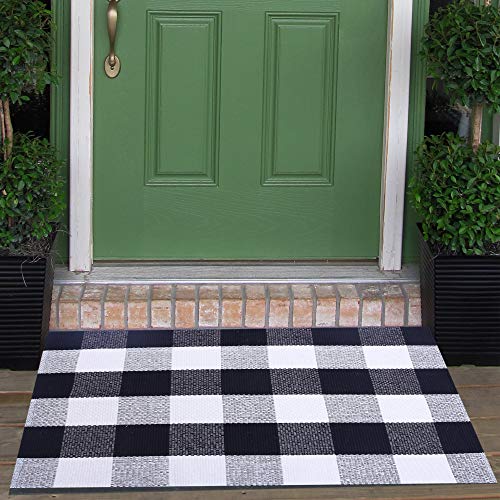 Product Cover Cotton Buffalo Check Rugs Front Porch Rug Doormat 2' x 3' Plaid Rug Outdoor Buffalo Checkered Throw Rug Black and White Farmhouse Checkered Door Mat Washable Woven Mat (23.6