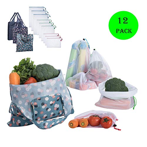 Product Cover Reusable Grocery bags,Reusable Produce Bag,with Drawstring Tare Weight on Tag,Foldable Grocery bags,Large 40LBS Cute Grocery Bags with Pouch Bulk for Vegetable Fruits Snack Shopping & Storage,Washable