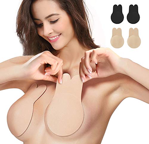 Product Cover Adhesive Bra 2 Pairs,Lift Nipple Covers Reusable Invisible Rabbit Lift Bra Pasties Backless Bras (Beige+Black, Large(Suit for C/D Cup))