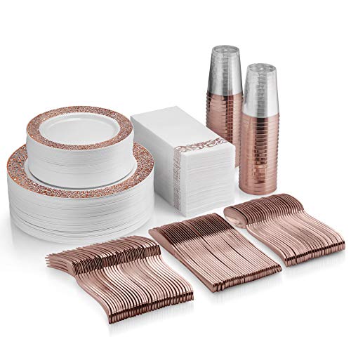 Product Cover 350 Piece Rose Gold Dinnerware Set - 50 Guest Rose Gold Lace Plastic Plates - 50 Rose Gold Plastic Silverware - 50 Rose Gold Cups - 50 Linen Like Rose Gold Napkins, Disposable Dinnerware Set