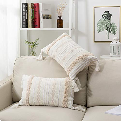 Product Cover blue page Set of 2 Lumbar Small Decorative Throw Pillow Covers for Couch Sofa Bedroom Living Room, Woven Tufted Boho Cushion Cover, Oblong Accent Pillow Cases with Tassels (12X20 inch, Cream)