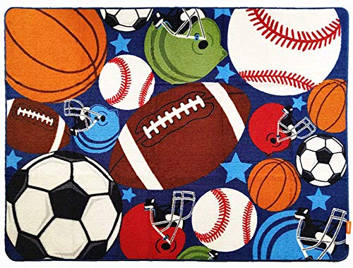 Product Cover HUAHOO Blue Kids Rug Fun Sport Rugs Nylon Carpet Boys Girls Childrens Rug Balls Print with Soccer Ball, Basketball, Football, Tennis Ball Bedroom Playroom (100x130cm(39''x51''))