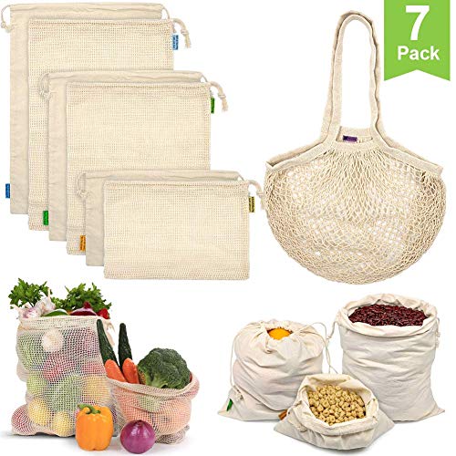 Product Cover Reusable Produce Bags, Organic Cotton Mesh Bags Muslin Bags with Drawstring Bonus Reusable Grocery Bag for Shopping & Storage, Washable, Biodegradable, Eco-friendly, Tare Weight on Color Tag(7 Pack)