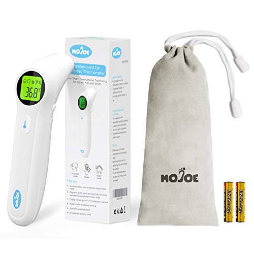 Product Cover Mojoe Ear and Forehead Thermometer, Medical Digital Infrared Temporal Thermometer for Fever, Instant Accurate Reading for Baby Kids and Adults, White