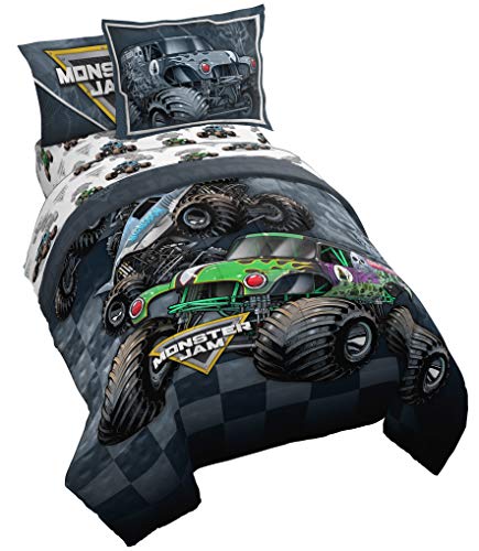 Product Cover Monster Jam Slash 5 Piece Twin Bed Set - Includes Reversible Comforter & Sheet Set - Bedding Features Grave Digger & Megalodon - Super Soft Fade Resistant Microfiber - (Official Monster Jam Product)