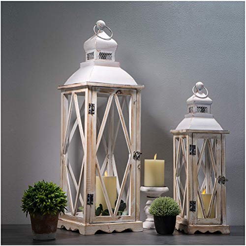 Product Cover Glitzhome Farmhouse Wood Metal Lanterns Decorative Hanging Candle Lanterns White Set of 2 (No Glass)