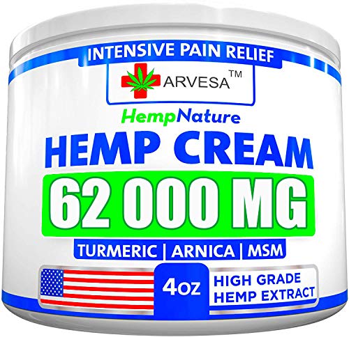 Product Cover Hemp Pain Relief Cream - 62 000 MG - Made in USA - 4OZ - Relieves Muscle, Joint Pain - Lower Back Pain - Inflammation - Hemp Oil Extract with MSM - EMU Oil - Arnica - Turmeric