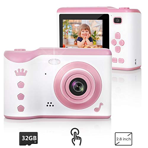 Product Cover Kids Camera, 8.0MP Digital Dual Camera Rechargeable Shockproof Camcorder Camera With 2.8 Inch Touch Screen,32GB SD Card Included, Ideal Toy for 3-12 Years Old Girls Boys Party Outdoor(Pink)