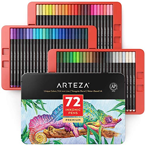Product Cover ARTEZA Inkonic Fineliners Fine Point Pens, Set of 72 Fine Tip Markers with Color Numbers, 0.4mm Tips, Ergonomic Barrels, Brilliant Assorted Colors for Coloring, Drawing & Detailing