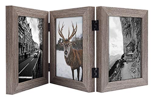 Product Cover Frametory, 5x7 Inch Hinged Picture Frame with Glass Front - Made to Display Three 5x7 Inch Pictures, Stands Vertically on Desktop or Table Top (5x7 Triple, Grey)