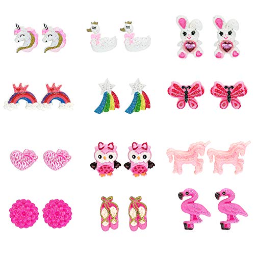 Product Cover Elesa Miracle Kids Little Girl 12 Pairs Flamingo Mermaid Unicorn Clip on Earrings Value Set