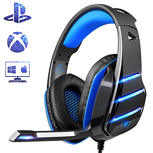 Product Cover PS4 Gaming Headset with Mic, Beexcellent Newest Deep Bass Stereo Sound Over Ear Headphone with Noise Isolation LED Light for PC Laptop Tablet Mac (Blue)