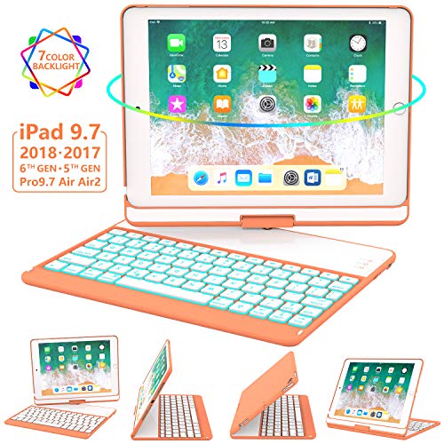 Product Cover iPad Keyboard Case 9.7 for iPad 2018 (6th Gen) - 2017(5th Gen) - iPad Pro 9.7 - Air 2 & 1, 360 Rotate 7 Color Backlit Wireless/BT iPad Case with Keyboard, Auto Sleep Wake, 9.7 inch, Papaya