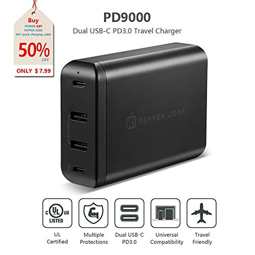 Product Cover PEPPER JOBS UL Listed Dual USB C PD Charger YS-PD9000, 4-Port Type C Charger with 60W/18W Power Delivery, Compatible with MacBook Pro, Nintendo Switch, iPhone Xs/Xs Max/Xʀ, USB-C Laptops and More