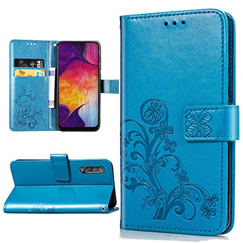 Product Cover Halnziye Case for Samsung Galaxy A50, Magnetic Closure Soft TPU Flip Leather Wallet Phone Case with Kickstand Card Slots Designed for Samsung Galaxy A50s/A30s Cover - Blue