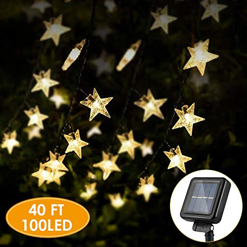 Product Cover KeShi 40FT 100LED Solar Star String Lights, 8 Modes Solar Powered Twinkle Fairy Lights, Waterproof Star Twinkle Lights for Outdoor, Gardens, Lawn Patio, Landscape, Xmas, Holiday (Warm White)