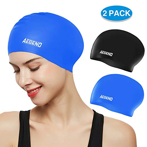 Product Cover aegend Swim Caps for Long Hair (2 Pack), Durable Silicone Swimming Caps with Spacious Space for Women Men Adults, Easy to Put On and Off, Black Blue