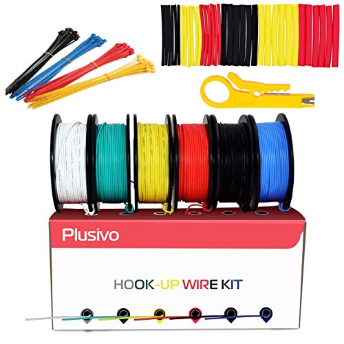 Product Cover 30GA Hook up Wire Kit - 30AWG Silicone Wire - 300V Tinned Stranded Electrical Wire of 6 Different Colors x 66 ft each - Black, Red, Yellow, Green, Blue, White - Wire Assortment Kit from Plusivo