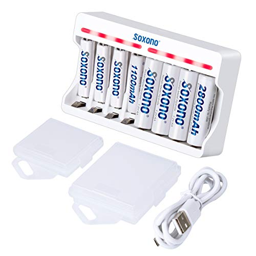 Product Cover Soxono Charger with Batteries Set,8Bay AA/AAA Smart Battery Charger with 4-Pack 1.2V 2800mah Ni-Mh AA Rechargeable Batteries and 4-Pack 1100mah AAA Ni-Mh Rechargeable Batteries