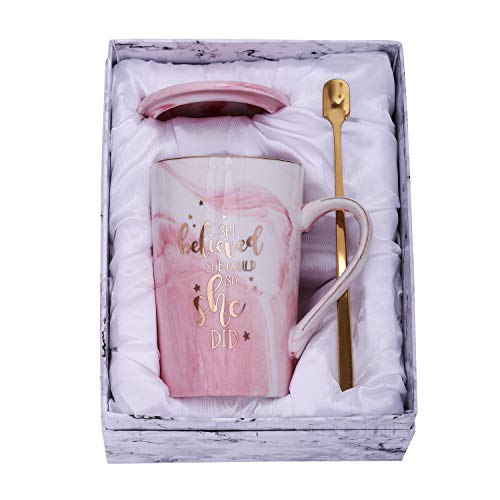 Product Cover Jumway She Believed she could So She Did mug - Congratulations Gifts And Graduation Gifts for Her - Spiritual Inspiritional Gifts for Women,Going Away,Job Change,Birthday Gift Pink Marble Mug 14 oz