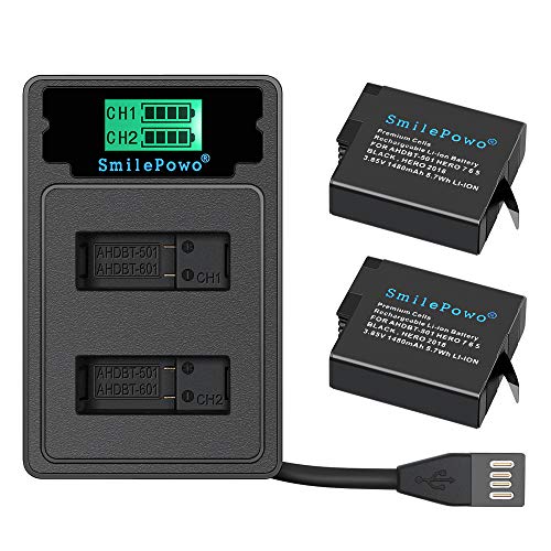 Product Cover SmilePowo 2PCS Dual Battery,LCD Display USB Charger for GoPro Hero 8 Black，Hero 7 Black, Hero 6 Black,Hero 5 Black,Hero 2018,AHDBT-501,Gopro Accessories，GOPRO Batteries