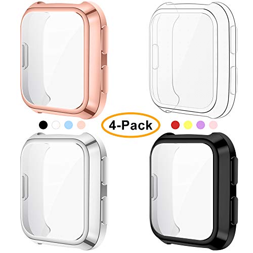 Product Cover CAVN 4 Pack Screen Protector Case Compatible with Fitbit Versa/Versa SE Smartwatch, Soft TPU Plated Slim Full Coverage Screen Protective Bumper Cover (Black/Clear/Rose Gold/Silver)