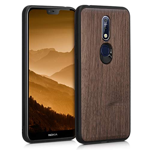 Product Cover kwmobile Wooden Cover for Nokia 7.1 (2018) - Hard Case with TPU Bumper - Walnut, Dark Brown