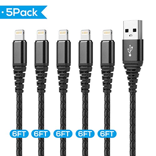 Product Cover Lightning Cable 6ft, 5 Pack 6 feet iPhone Charger Cable Metal Connector & 6 foot iPhone Cord USB Fast Charging Wire Compatible with iPhone Xs max / xr /x/8/8 Plus/7/7 Plus/6/6 Plus/ 5s