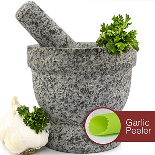 Product Cover Mortar and Pestle Set - Unpolished Granite Bowl with Bonus Garlic Peeler | Great for Guacamole! | 2 Cup Capacity. Protective Pad for Stability and Protected Counters