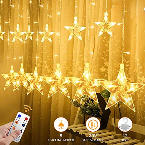 Product Cover Christmas Decorations Star Curtain Lights With Remote Control, 12 Stars 138 LED Fairy String Lights, Window Decorative Lights with 8 Flashing Modes Gifts for Christmas, Wedding, Party, Home Decor