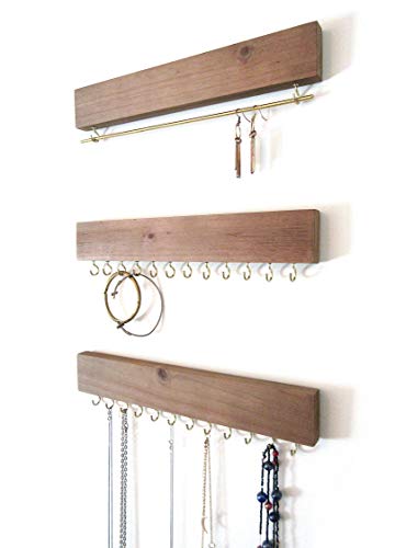 Product Cover Art Collective Vintage Wall Mounted Jewelry Organizer - 3 Piece Rustic Wood and Gold Metal Hook Rack for Necklace and Earrings Display
