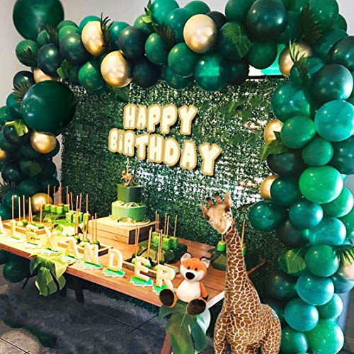 Product Cover Jungle Theme Party Supplies:143pcs White & Gold & Green Latex Balloons,23 Green Palm Leaves with 16ft balloon strip and 2pcs balloon tying tools for Birthdays, Baby Shower, Christmas Party Decorations