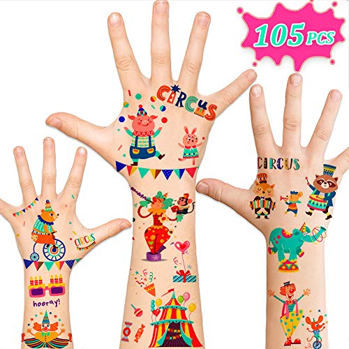 Product Cover 105pcs Temporary Tattoos for Kids, Circus Carnival Party Supplies Favors, Carnival Circus Games Prizes Toys Birthday Decorations Gift Accessories for Children Girls Boys