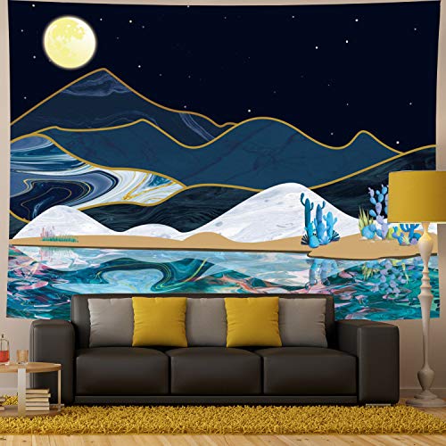 Product Cover Generleo Moon Mountain Tapestry Psychedelic Watercolor Lake Mountain with Cactus Nature Landscape Tapestry Wall Hanging for Bedroom Living Room Dorm Room (H51.2×W59.1)