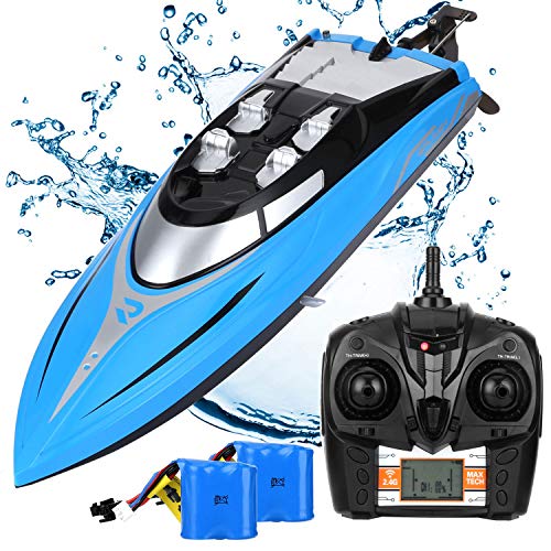 Product Cover SZJJX RC Boat 20KM/H High Speed Remote Control Boats for Pools and Lakes, 2.4GHz 4 Channels Automatically 180 Degree Flipping Transmitter with LCD Screen for Kids or Adults Blue