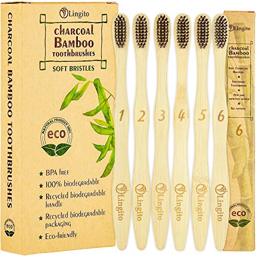 Product Cover Lingito 6-Pack Natural Charcoal Bamboo Toothbrushes | BPA Free Soft Bristles | Compostable, Eco Friendly, Natural, Organic & Vegan Toothbrush Pack | Individually Packaged & Numbered Active Brushes