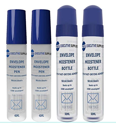 Product Cover Envelope Moistener Dab and Seal Fast Drying Adhesive (4 Pack)- 2 x50ml Bottles & 2x40ml Pen Style -Dab and Seal,Transparent, Squeezable Sealer-Ideal for envelopes,Stamps,Letters. by Executive Supplies